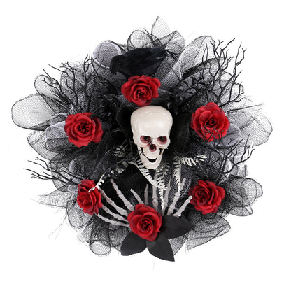 Scary Halloween decor black wreath with red roses and scary skeleton