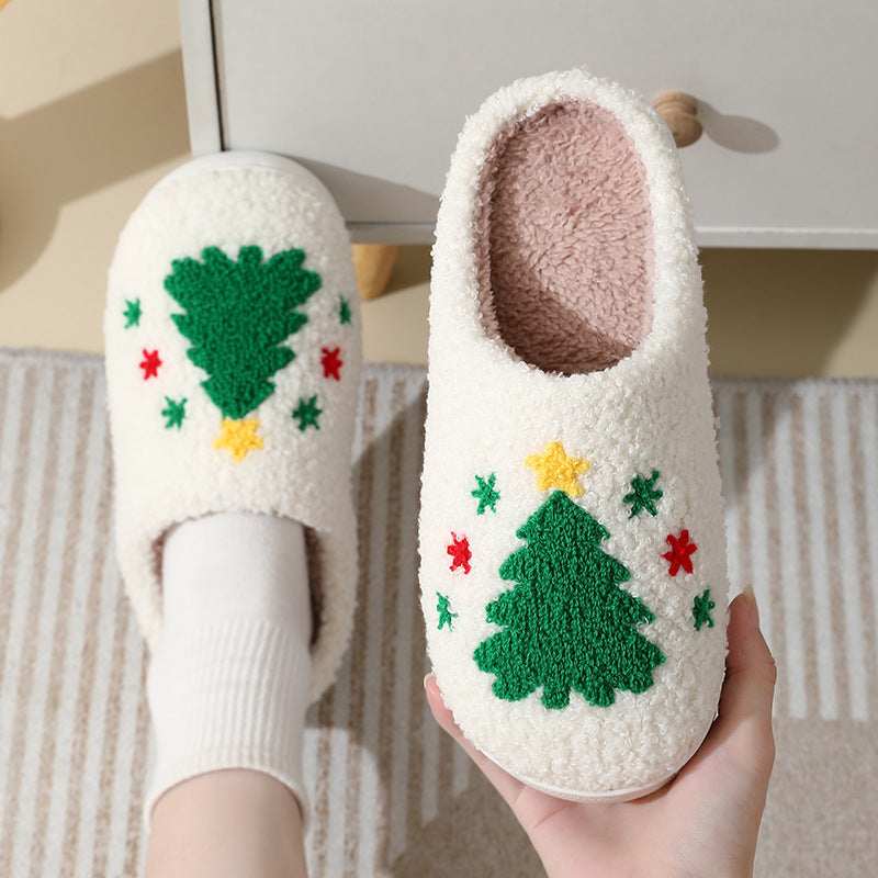 Christmas Home Slippers Cute Cotton Slippers with Santa Claus Flower New Year Tree Fox Elk Gingerbread Man for Women Men Winter Warm Shoes with Fur