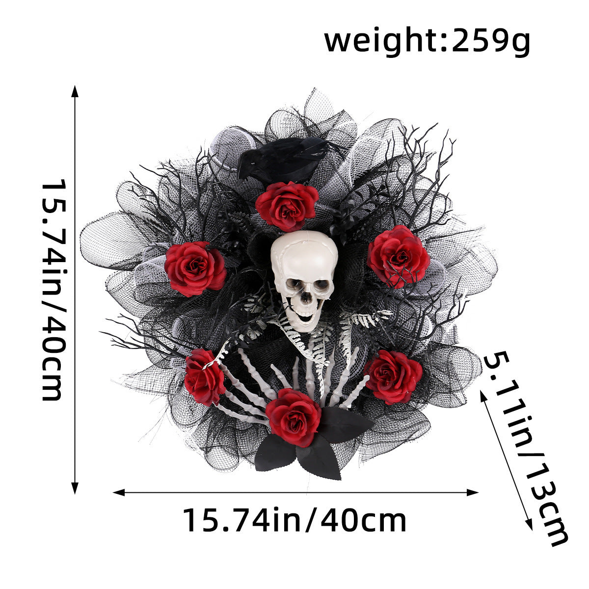 Scary Halloween decor black wreath with red roses and scary skeleton