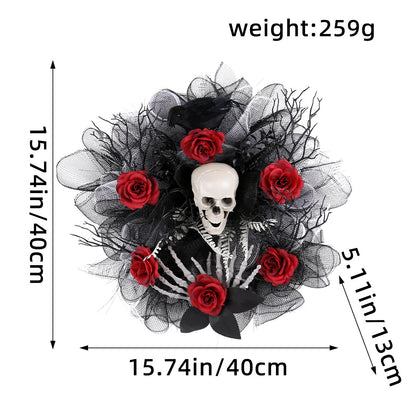 Scary Halloween decor black wreath with red roses and scary skeleton