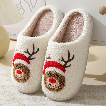 Christmas Home Slippers Cute Cotton Slippers with Santa Claus Flower New Year Tree Fox Elk Gingerbread Man for Women Men Winter Warm Shoes with Fur