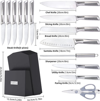 Kitchen Knife Set. LapEasy 15 Piece Knife Sets With Block Chef Knife Stainless Steel Hollow Handle Cutlery With Manual Sharpener