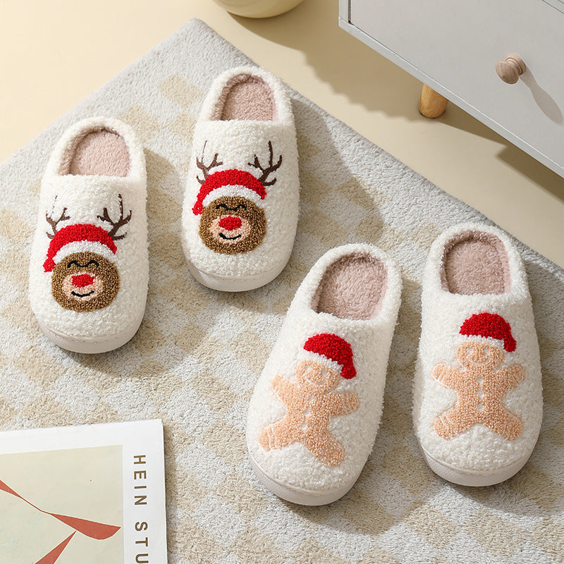 Christmas Home Slippers Cute Cotton Slippers with Santa Claus Flower New Year Tree Fox Elk Gingerbread Man for Women Men Winter Warm Shoes with Fur