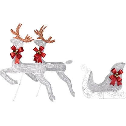 3-Piece Lighted Set Of 2 Reindeer & Sleigh, Weather Proof Christmas Outdoor Decorations With Pre-lit 270 LED White Lights And Stakes For Xmas Outdoor Holiday Indoor Decor Lighted Holiday Displays