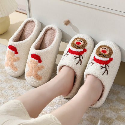 Christmas Home Slippers Cute Cotton Slippers with Santa Claus Flower New Year Tree Fox Elk Gingerbread Man for Women Men Winter Warm Shoes with Fur