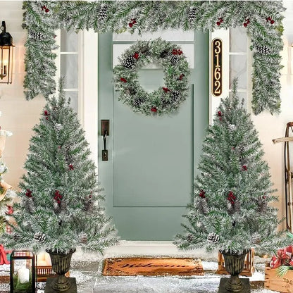 Pre-lit Xmas Tree Artificial Christmas 4-Piece Set,Garland, Wreath And Set Of 2 Entrance Trees X-mas