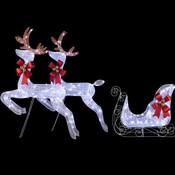 3-Piece Lighted Set Of 2 Reindeer & Sleigh, Weather Proof Christmas Outdoor Decorations With Pre-lit 270 LED White Lights And Stakes For Xmas Outdoor Holiday Indoor Decor Lighted Holiday Displays