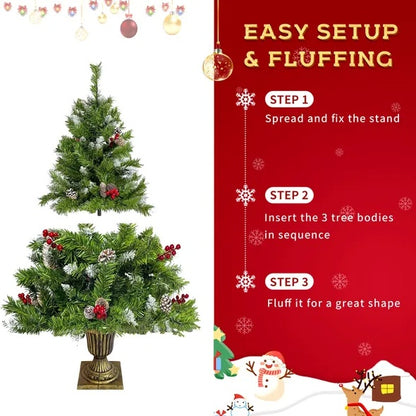 Pre-lit Xmas Tree Artificial Christmas 4-Piece Set,Garland, Wreath And Set Of 2 Entrance Trees X-mas