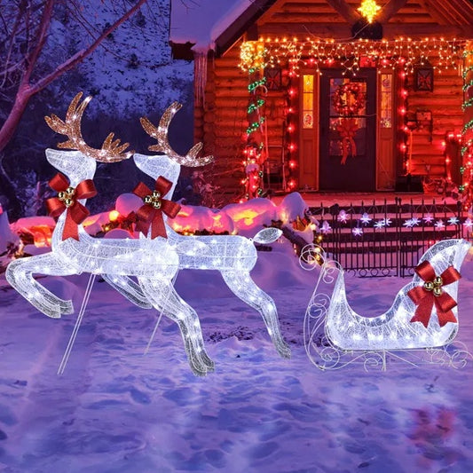 3-Piece Lighted Set Of 2 Reindeer & Sleigh, Weather Proof Christmas Outdoor Decorations With Pre-lit 270 LED White Lights And Stakes For Xmas Outdoor Holiday Indoor Decor Lighted Holiday Displays