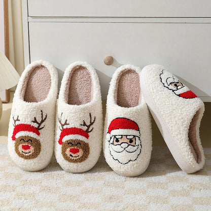 Christmas Home Slippers Cute Cotton Slippers with Santa Claus Flower New Year Tree Fox Elk Gingerbread Man for Women Men Winter Warm Shoes with Fur