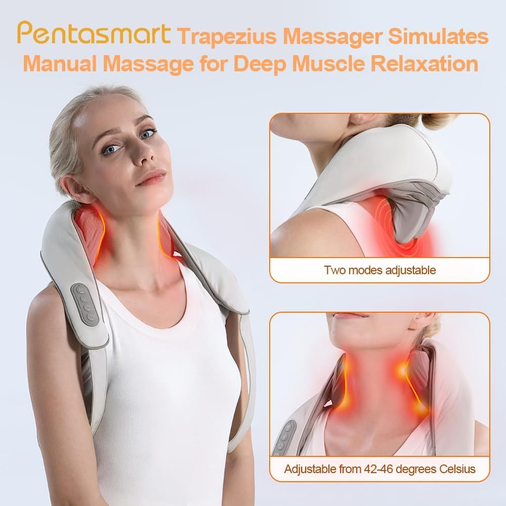 2024 Shiatsu Neck and Shoulder Massager with Soothing Heat, Electric Deep Tissue 3D Kneading Massage Pillow, Simulate Human Hand Grasping and Kneading, for Neck, Back, Shoulder, Foot, Leg, White