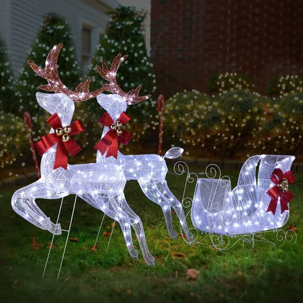 3-Piece Lighted Set Of 2 Reindeer & Sleigh, Weather Proof Christmas Outdoor Decorations With Pre-lit 270 LED White Lights And Stakes For Xmas Outdoor Holiday Indoor Decor Lighted Holiday Displays