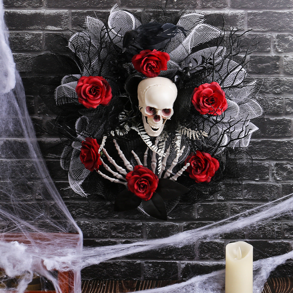 Scary Halloween decor black wreath with red roses and scary skeleton