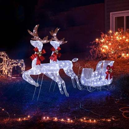 3-Piece Lighted Set Of 2 Reindeer & Sleigh, Weather Proof Christmas Outdoor Decorations With Pre-lit 270 LED White Lights And Stakes For Xmas Outdoor Holiday Indoor Decor Lighted Holiday Displays