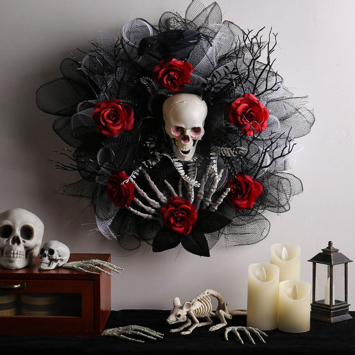 Scary Halloween decor black wreath with red roses and scary skeleton