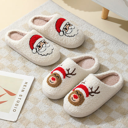 Christmas Home Slippers Cute Cotton Slippers with Santa Claus Flower New Year Tree Fox Elk Gingerbread Man for Women Men Winter Warm Shoes with Fur