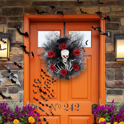 Scary Halloween decor black wreath with red roses and scary skeleton