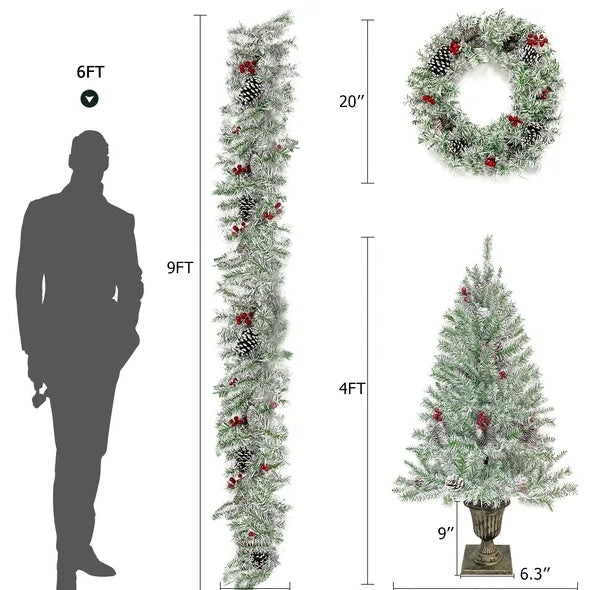 Pre-lit Xmas Tree Artificial Christmas 4-Piece Set,Garland, Wreath And Set Of 2 Entrance Trees X-mas