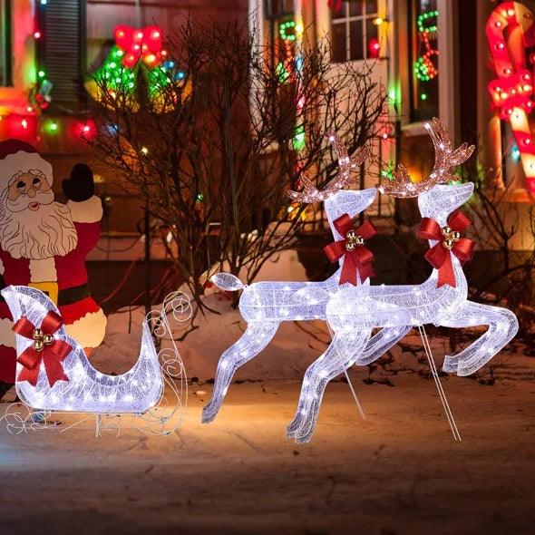 3-Piece Lighted Set Of 2 Reindeer & Sleigh, Weather Proof Christmas Outdoor Decorations With Pre-lit 270 LED White Lights And Stakes For Xmas Outdoor Holiday Indoor Decor Lighted Holiday Displays