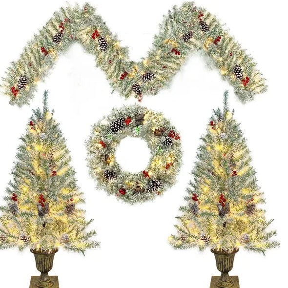 Pre-lit Xmas Tree Artificial Christmas 4-Piece Set,Garland, Wreath And Set Of 2 Entrance Trees X-mas